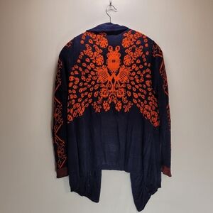 100%pure Kashmiri open asymmetrical navy blue and orange light cardigan- large